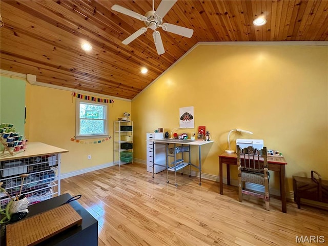 15716 County Road 5190, Rolla, MO 65401 - office area featuring wooden ceiling, lofted ceiling, ceiling fan, wood finished floors, and baseboards