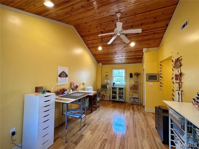 15716 County Road 5190, Rolla, MO 65401 - office area with wooden ceiling, lofted ceiling, ceiling fan, recessed lighting, and light wood-type flooring