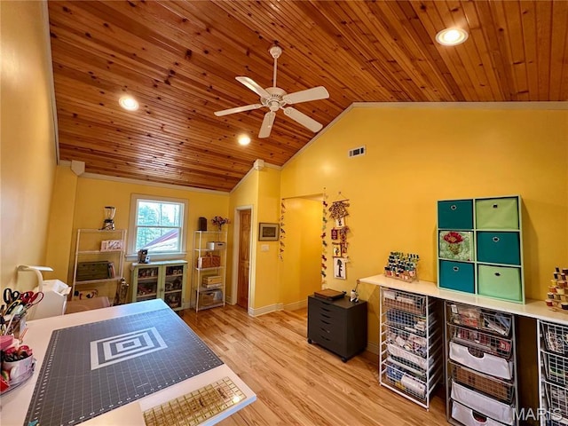 15716 County Road 5190, Rolla, MO 65401 - game room with wooden ceiling, ceiling fan, vaulted ceiling, light wood-type flooring, and recessed lighting