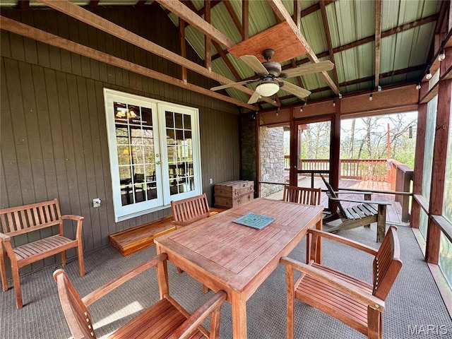 15716 County Road 5190, Rolla, MO 65401 - sunroom / solarium featuring french doors, a ceiling fan, wood walls, and plenty of natural light