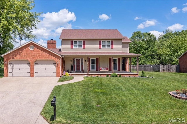 view of front facade with a garage, a porch, driveway, a chimney, and brick siding