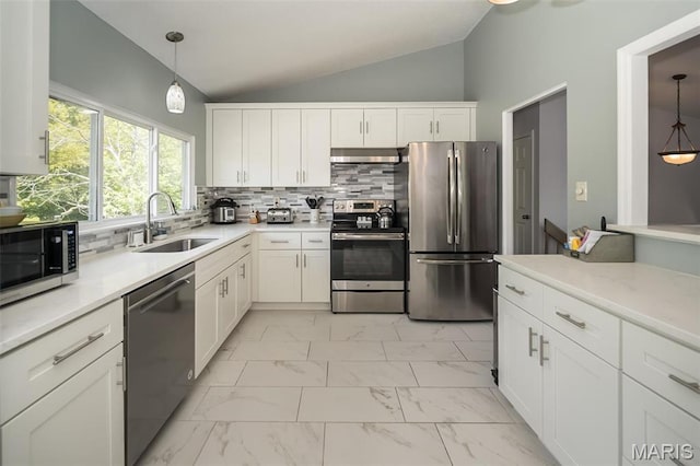 101 Holly Green Dr, Ballwin, MO 63021 - kitchen with stainless steel appliances, a sink, vaulted ceiling, light marble finish flooring, and under cabinet range hood