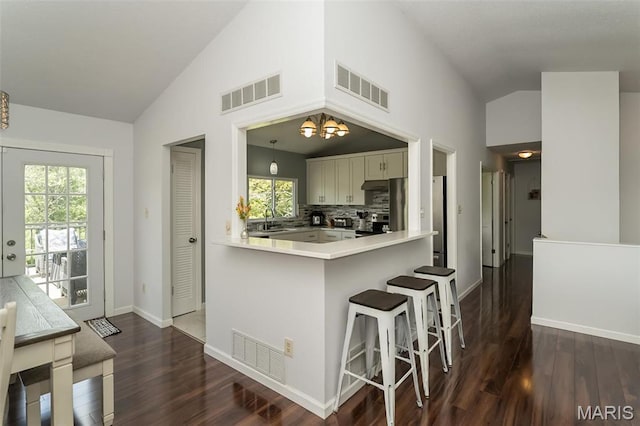101 Holly Green Dr, Ballwin, MO 63021 - kitchen with dark wood finished floors, plenty of natural light, decorative backsplash, a sink, and high vaulted ceiling