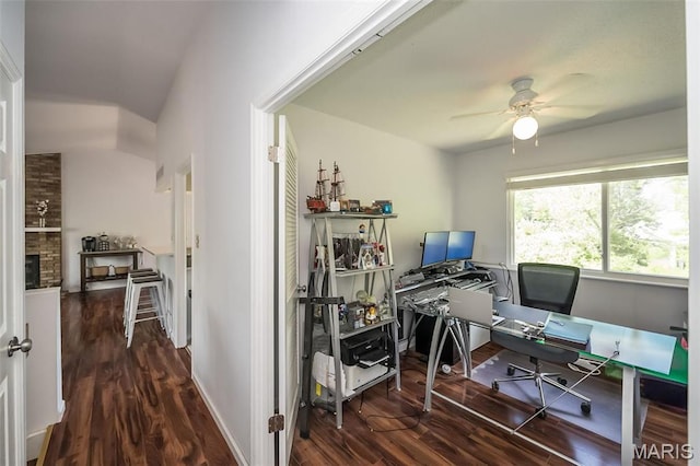 101 Holly Green Dr, Ballwin, MO 63021 - home office featuring wood finished floors, ceiling fan, and baseboards
