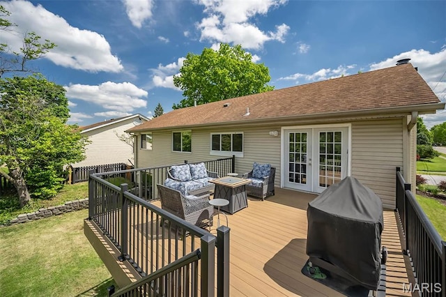 101 Holly Green Dr, Ballwin, MO 63021 - deck with outdoor lounge area, a lawn, a grill, and french doors