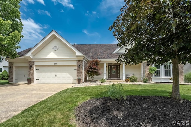 510 Autumn Oaks Dr, Ellisville, MO 63021 - view of front facade featuring a garage, a front lawn, roof with shingles, concrete driveway, and brick siding