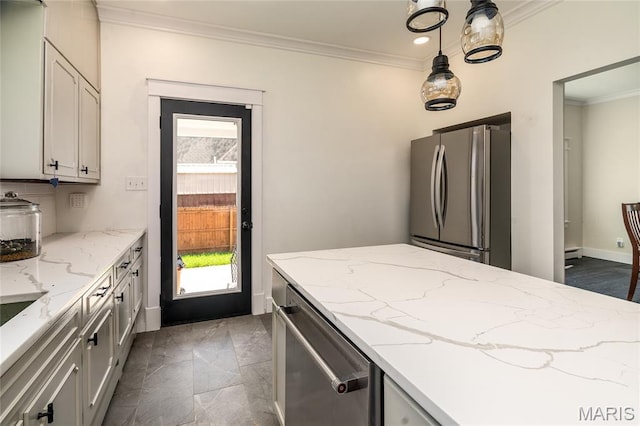 305 W Ray St, Christopher, IL 62822 - kitchen featuring appliances with stainless steel finishes, crown molding, plenty of natural light, marble finish flooring, and light stone countertops