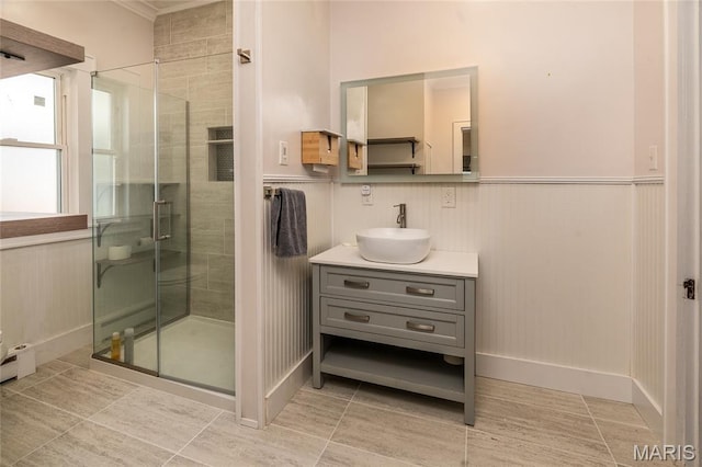 305 W Ray St, Christopher, IL 62822 - full bath featuring a shower stall, vanity, wainscoting, baseboards, and ornamental molding