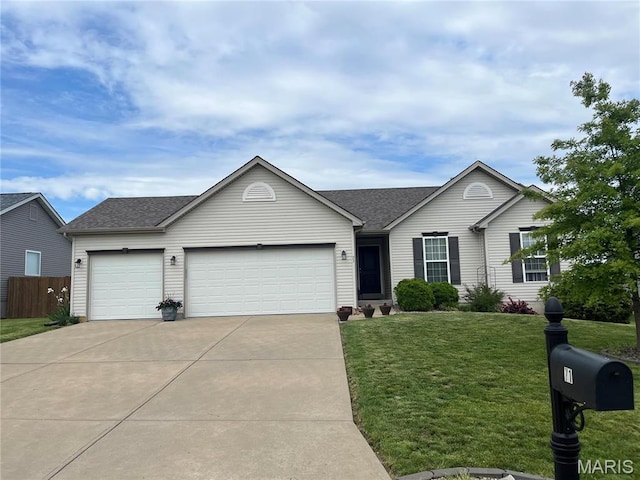 single story home with concrete driveway, an attached garage, and roof with shingles