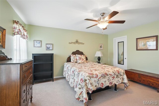 71 Hidden Mill Ct, Moscow Mills, MO 63362 - bedroom with light colored carpet, ceiling fan, and baseboards