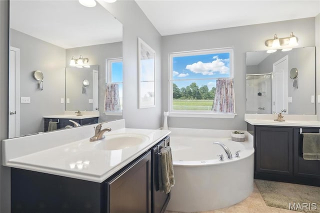 71 Hidden Mill Ct, Moscow Mills, MO 63362 - full bathroom with a shower stall, two vanities, and a bath