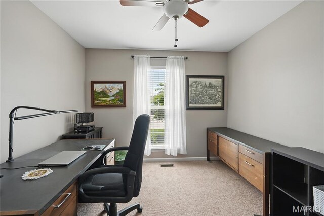 71 Hidden Mill Ct, Moscow Mills, MO 63362 - office area featuring light colored carpet, ceiling fan, and baseboards