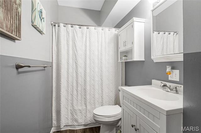 106 E Ofallon Dr, Caseyville, IL 62232 - bathroom featuring vanity, toilet, a shower with curtain, and wood finished floors