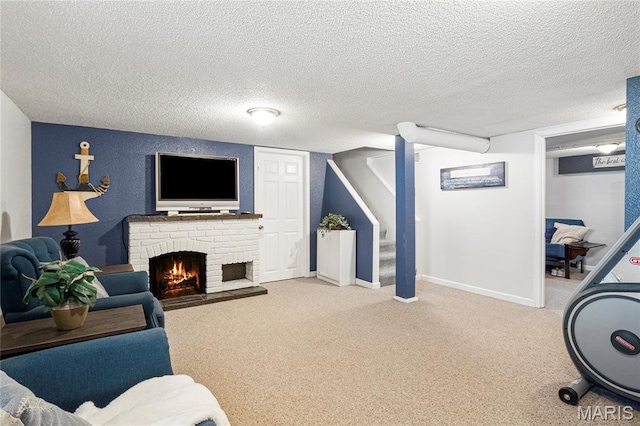 106 E Ofallon Dr, Caseyville, IL 62232 - living room with stairway, carpet flooring, a fireplace, a textured ceiling, and baseboards