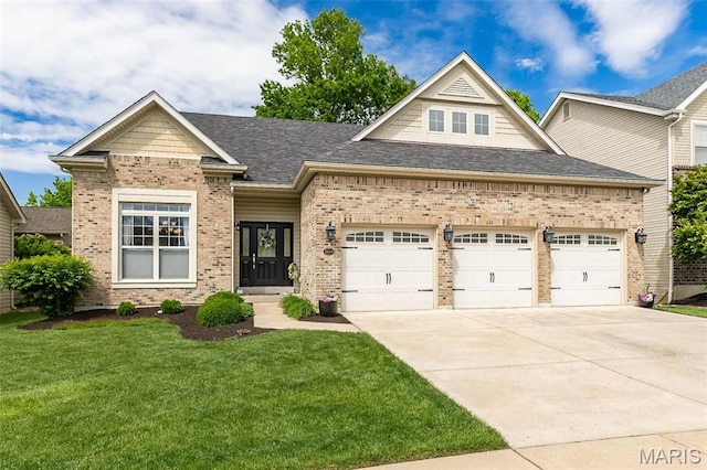 1804 Sterling Oaks Dr, Saint Peters, MO 63376 - view of front facade featuring an attached garage, driveway, a front lawn, brick siding, and a shingled roof