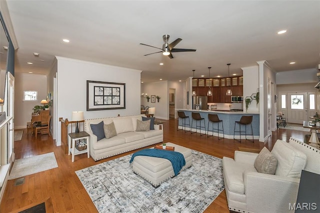 1804 Sterling Oaks Dr, Saint Peters, MO 63376 - living room with a ceiling fan, wood finished floors, crown molding, recessed lighting, and baseboards