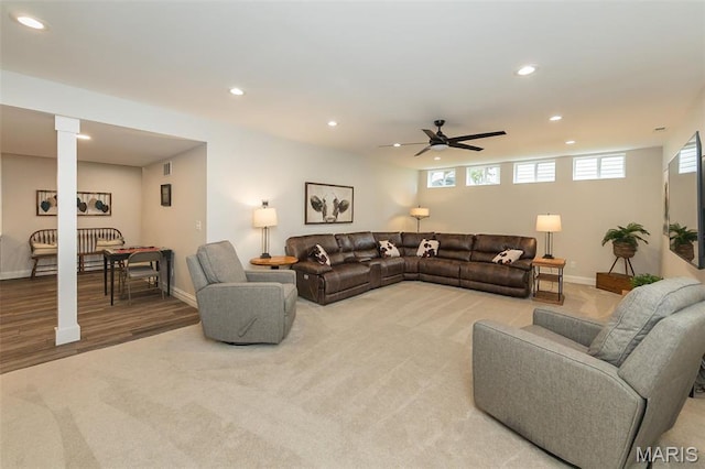 1804 Sterling Oaks Dr, Saint Peters, MO 63376 - living room featuring recessed lighting, a ceiling fan, baseboards, decorative columns, and light colored carpet