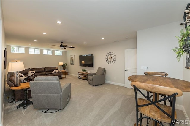 1804 Sterling Oaks Dr, Saint Peters, MO 63376 - living room featuring a ceiling fan, light colored carpet, recessed lighting, and baseboards