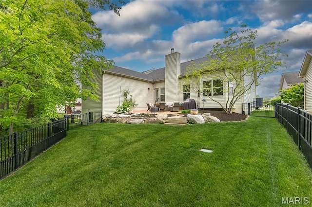 1804 Sterling Oaks Dr, Saint Peters, MO 63376 - back of house featuring a chimney, a patio, central air condition unit, and outdoor lounge area
