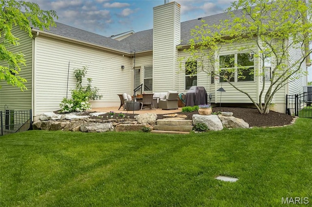 1804 Sterling Oaks Dr, Saint Peters, MO 63376 - back of house with a patio area, a chimney, and roof with shingles