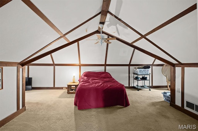 bonus room with carpet, ceiling fan, baseboards, and lofted ceiling