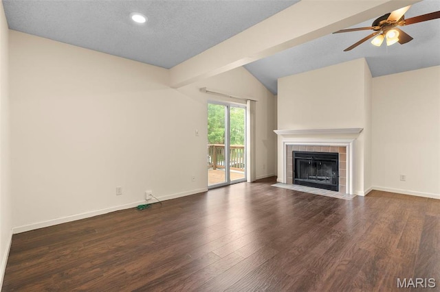 unfurnished living room with vaulted ceiling, a fireplace, recessed lighting, ceiling fan, and baseboards