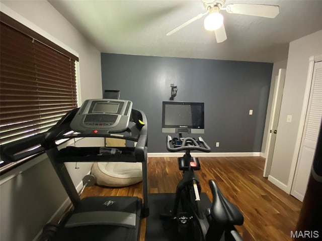 exercise room featuring wood finished floors, a ceiling fan, and baseboards