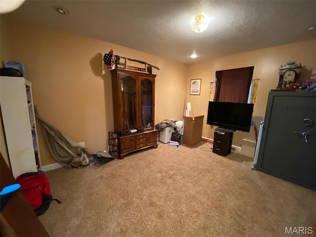 misc room featuring carpet floors, a textured ceiling, baseboards, and recessed lighting