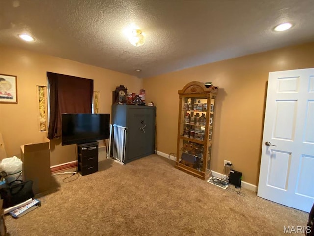 interior space featuring carpet, a textured ceiling, baseboards, and recessed lighting