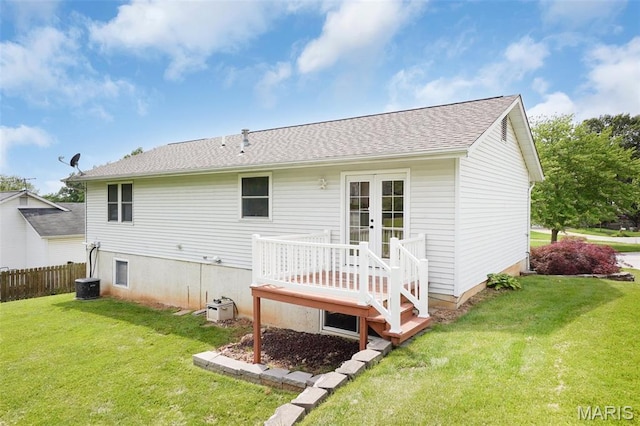 10 Brooker Ct, Saint Peters, MO 63376 - back of property featuring central AC unit, french doors, a deck, and roof with shingles
