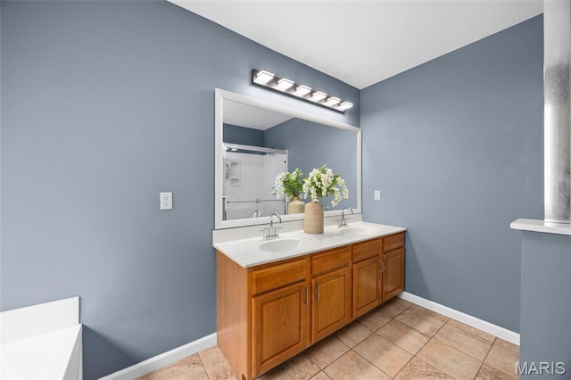12 Lambeth Ln Unit 11B, Dardenne Prairie, MO 63368 - full bathroom featuring double vanity, an enclosed shower, tile patterned flooring, and baseboards