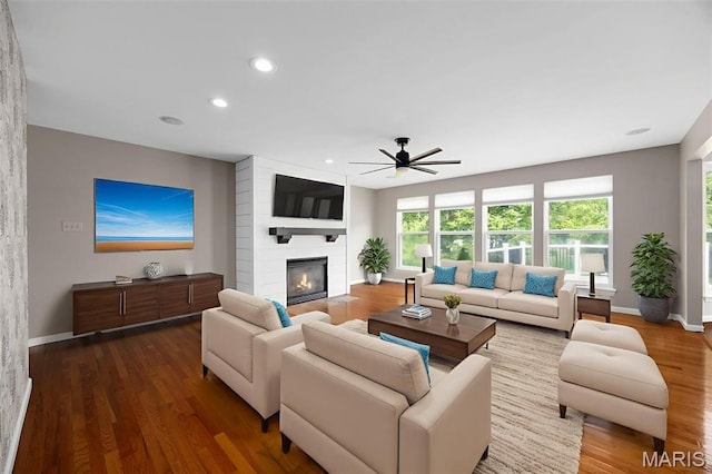 12 Lambeth Ln Unit 11B, Dardenne Prairie, MO 63368 - living room with a ceiling fan, recessed lighting, dark wood finished floors, a large fireplace, and baseboards