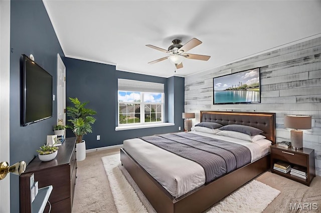 12 Lambeth Ln Unit 11B, Dardenne Prairie, MO 63368 - bedroom featuring carpet floors, an accent wall, baseboards, a ceiling fan, and crown molding