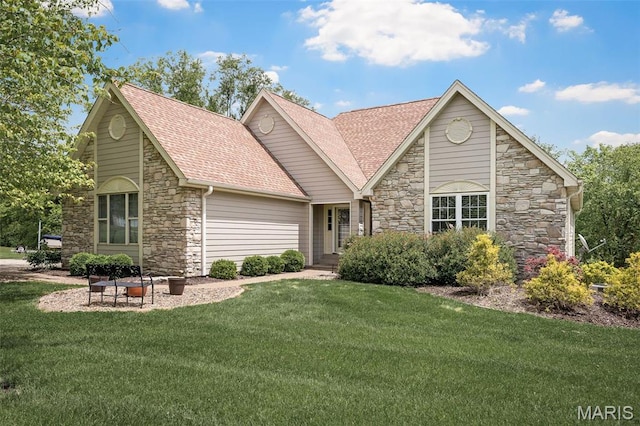 1189 Turnberry Dr, Innsbrook, MO 63390 - view of front of property featuring stone siding, roof with shingles, and a front lawn