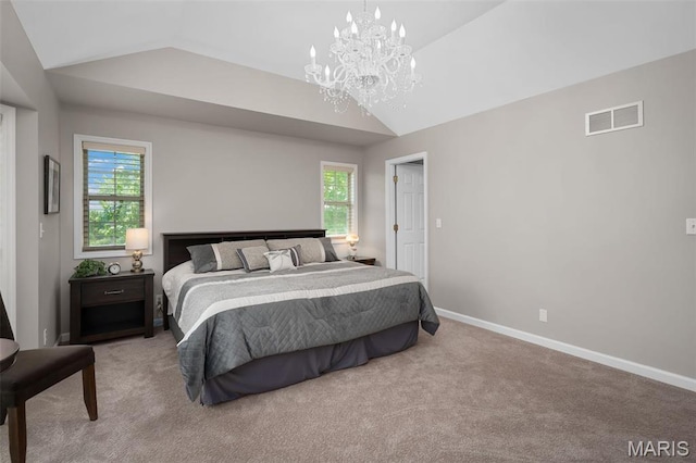 1189 Turnberry Dr, Innsbrook, MO 63390 - bedroom featuring lofted ceiling, multiple windows, a chandelier, and carpet