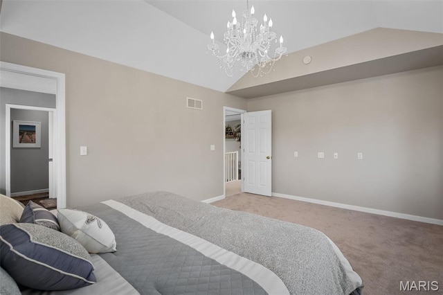 1189 Turnberry Dr, Innsbrook, MO 63390 - carpeted bedroom featuring a chandelier, lofted ceiling, and baseboards