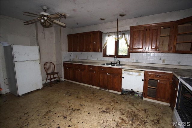 408 S A St, Farmington, MO 63640 - kitchen featuring white appliances, a sink, ceiling fan, decorative backsplash, and open shelves
