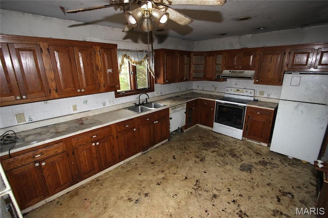 408 S A St, Farmington, MO 63640 - kitchen featuring white appliances, a sink, exhaust hood, ceiling fan, and decorative backsplash