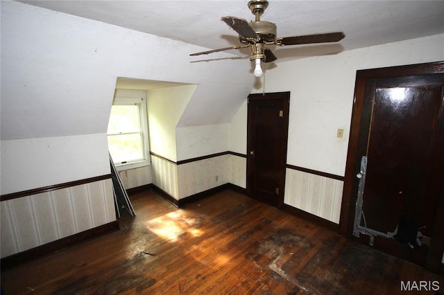 408 S A St, Farmington, MO 63640 - bonus room featuring dark wood finished floors, baseboards, ceiling fan, and lofted ceiling