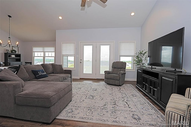 108 Buford Mountain Rd, Farmington, MO 63640 - living room with a chandelier, ceiling fan, dark wood finished floors, vaulted ceiling, and recessed lighting