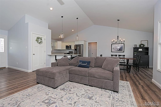 108 Buford Mountain Rd, Farmington, MO 63640 - living room featuring dark wood-style flooring, a chandelier, baseboards, high vaulted ceiling, and a ceiling fan