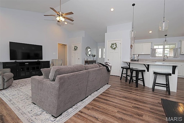 108 Buford Mountain Rd, Farmington, MO 63640 - living room with a ceiling fan, lofted ceiling, dark wood-style floors, and recessed lighting
