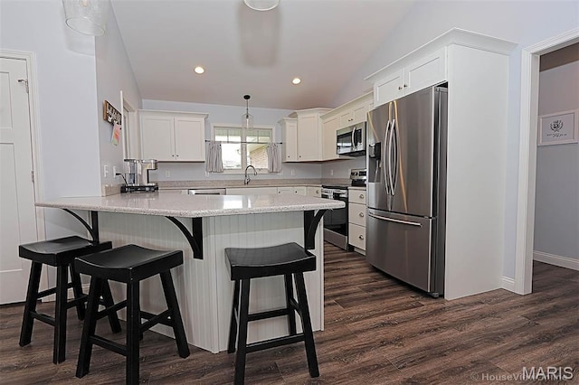 108 Buford Mountain Rd, Farmington, MO 63640 - kitchen with appliances with stainless steel finishes, a peninsula, a sink, dark wood finished floors, and recessed lighting