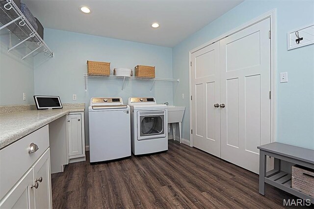 108 Buford Mountain Rd, Farmington, MO 63640 - laundry area featuring washing machine and dryer, dark wood-type flooring, cabinet space, and recessed lighting