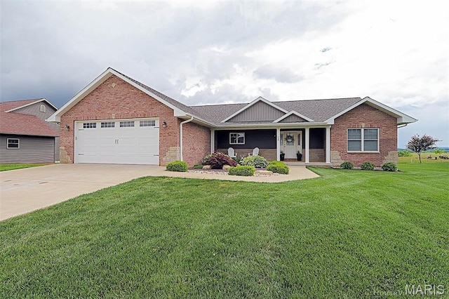 108 Buford Mountain Rd, Farmington, MO 63640 - view of front of property with brick siding, a front lawn, an attached garage, concrete driveway, and a porch