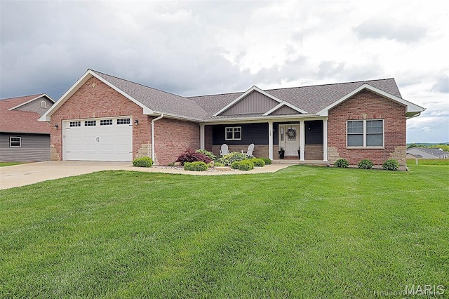 108 Buford Mountain Rd, Farmington, MO 63640 - view of front of house featuring a garage, a front lawn, brick siding, and a porch
