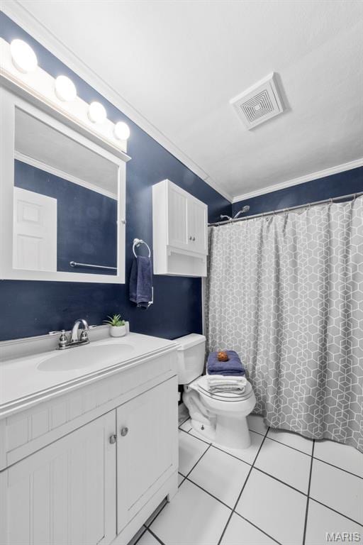 full bath with ornamental molding, toilet, vanity, tile patterned flooring, and a shower with shower curtain