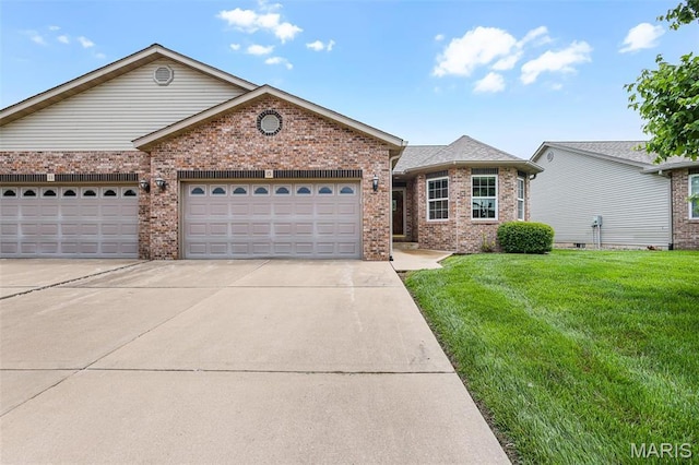 ranch-style house featuring brick siding, concrete driveway, a garage, and a front yard