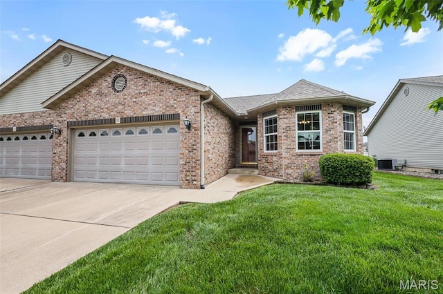 single story home with a garage, driveway, brick siding, and a front yard