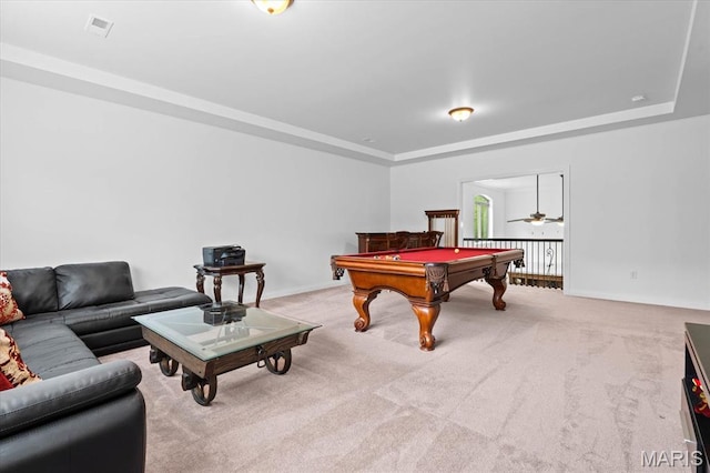 game room with a tray ceiling, baseboards, and billiards table